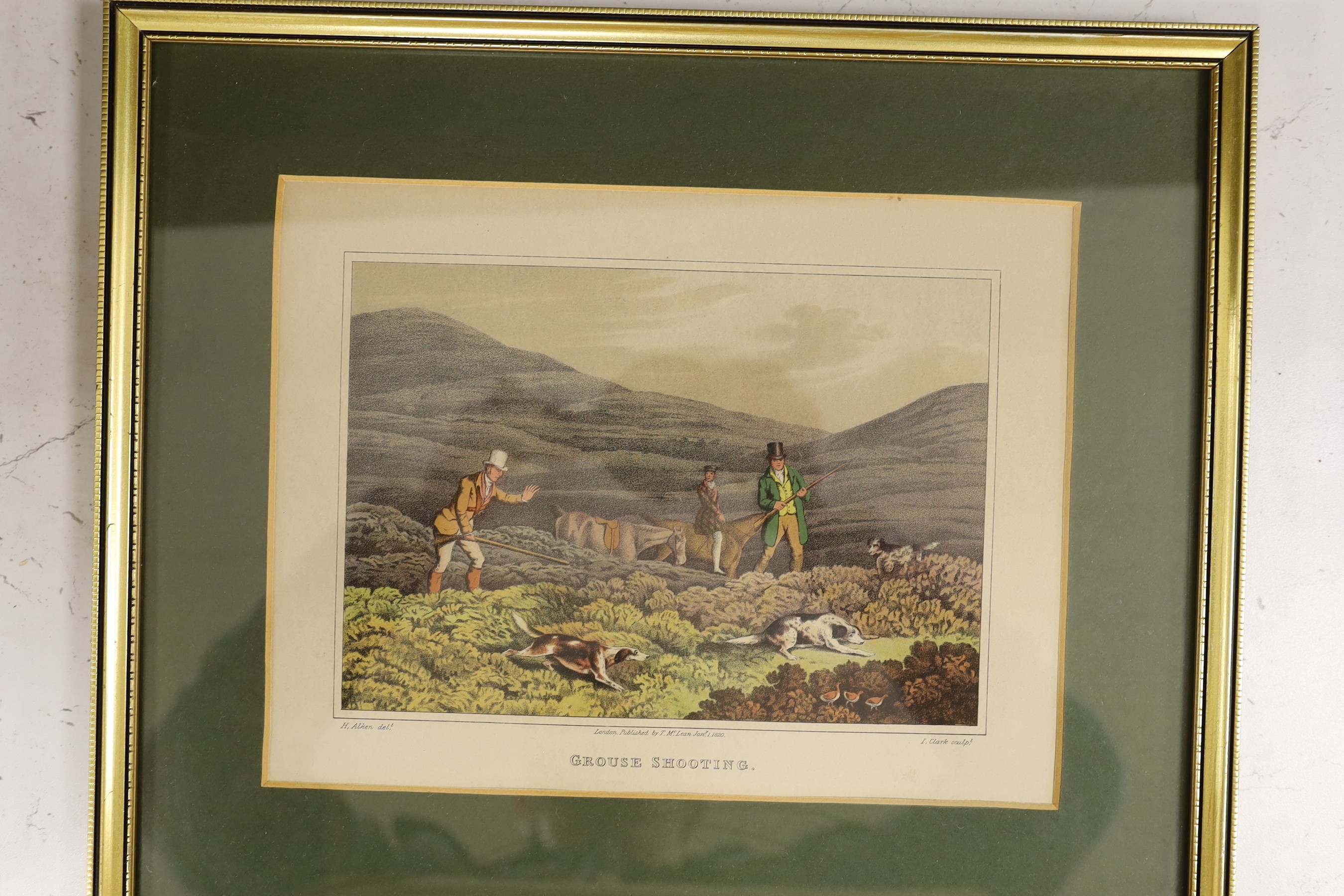 Clark after Henry Alken, set of four coloured lithographs, 'A Match at the Badger'. 'Drawing The Badger', 'Owling' and 'Grouse Shooting', overall 20 x 27cm